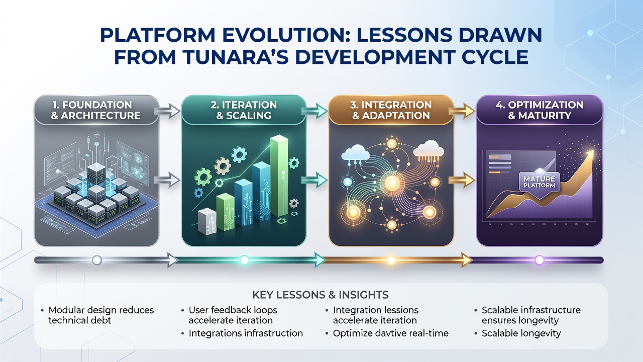 Tunara development timeline chart illustrating version releases and infrastructure growth from 2022 to 2026